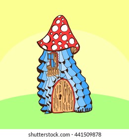 Fairy cartoon doodle style ornamental colorful house. Stylized Mushroom