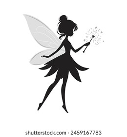 fairy cartoon silhouette fly with wings and magic wand