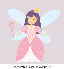 Fairy cartoon vector illustration. Fairy girl with magic wand and wings. Kids concept. Dreamlike character.