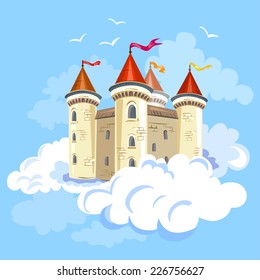 Märchenschloss in der Luft in den Wolken. Vektorgrafik