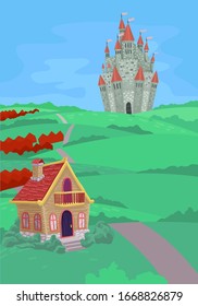 Fairy castle for children. Fantasy palace tower for princess. Fairy house, magic kingdom. Old medieval stone tale castle architecture building. Cartoon vector illustration concept with landscape