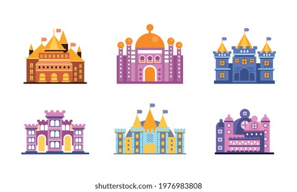 Fairy Castle and Fortress with Flags on Towers Vector Set
