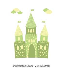 Fairy castle in green color Cute princess castle.  Cartoon vector isolated.