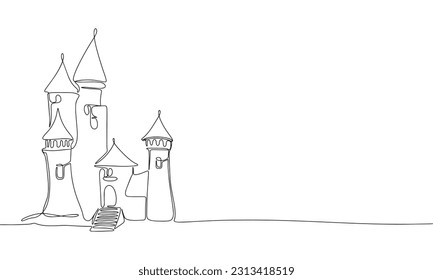 Fairy castle isolated on white background. One line continuous marvelous castle. Line art outline vector illustration.