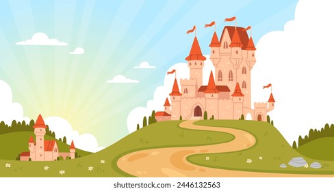 Fairy castle landscape. Cartoon magic rose palace on green hill. Fantasy medieval kingdom tower. Fairytale fantasy background with royal princess castle. Vector illustration. Historical dream building