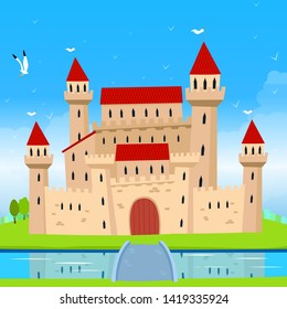 Fairy Castle and Landscape. Vector Illustration for Children Books, Magazines, Web Pages and Blogs. - Vektör
