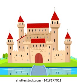 Fairy Castle and Landscape. White Background Isolated. Vector Illustration for Children Books, Magazines, Web Pages and Blogs. - Vektör
