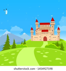 Fairy Castle and Nature Landscape. Vector Illustration for Children Books, Magazines, Web Pages and Blogs. - Vektör
