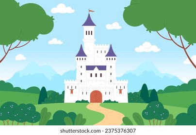 Fairy castle on fantasy meadow in forest. Tale landscape with medieval building for princess or king. Housing with gates, towers and flags racy vector backdrop