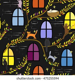 Fairy cats at night. Childish background. Magic autumn seamless pattern