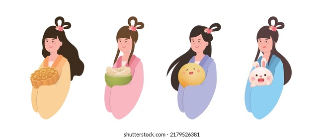 Fairy Chang'e And Moon Cake And Rabbit And Moon And Pomelo In Mid-autumn Festival, Chinese Legend, Asian Traditional Festival