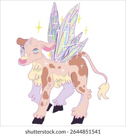 Fairy character. Charming calf of light pastel color, with shimmering butterfly wings. Fairytale illustration. Magic and aesthetics. Fairy cow. Print on clothes, cups, Sketchbooks and stickers design.