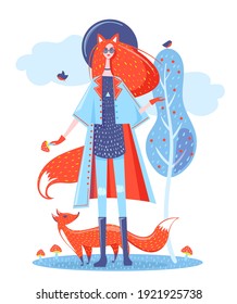 Fairy character fox, werefox, flat style. Glamorous red-haired girl. Forest scene. Werewolf woman in cartoon style