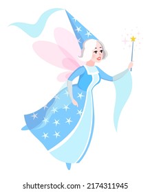 Fairy character. Pretty winged girl with magic wand