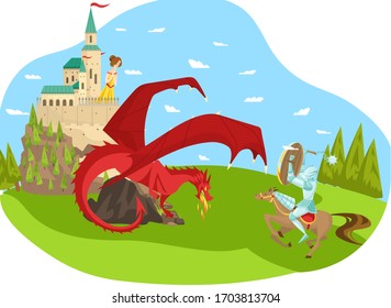 Fairy character prince defeat red dragon, save princess, castle, fortress, fantasy flat vector illustration. Rider on horse fighting fire breather serpent, male hero salvage female. Love story.