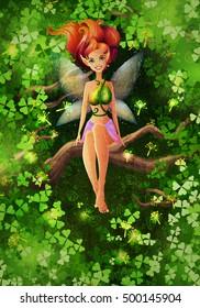 Fairy character sitting on a tree branch vector illustration