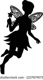 A fairy character with wings holding a magic wand and flying in silhouette. Possibly the tooth fairy.