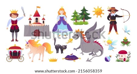Fairy characters. Tale with cartoon king and queen. Unicorn or dragon. Medieval castle. Prince and princess. Horse with coach. Magic palace. Vector fiction story illustration elements set Foto stock © 