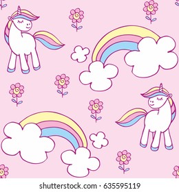 Fairy childhood seamless pattern with the image of cute unicorns. Colorful vector background