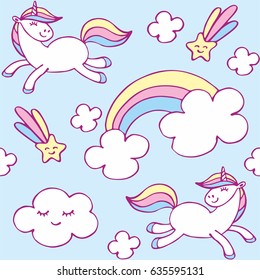 Fairy childhood seamless pattern with the image of cute unicorns. Colorful vector background