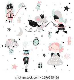 Fairy childish pattern with girl, nutcracker and mouse king. Christmas scandinavian set for kids fabric, wrapping, textile, wallpaper, apparel.