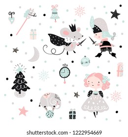 Fairy childish pattern with nutcracker, girl and mouse king. Christmas scandinavian set for kids fabric, wrapping, textile, wallpaper, apparel.