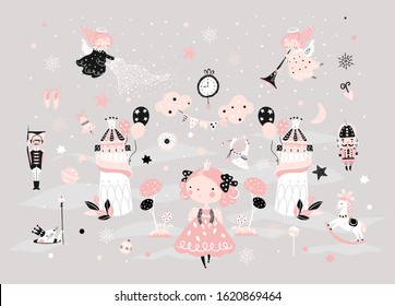 
Fairy childish pattern with nutcracker, girl, soldier and mouse king. Christmas scandinavian set for kids fabric, wrapping, textile, wallpaper, apparel.