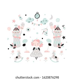 	
Fairy childish pattern with princess in scandinavian style. Creative vector childish background for fabric, textile