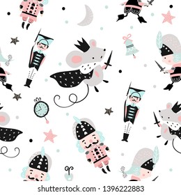 Fairy childish seamless pattern with nutcracker, mouse king, toy soldier. Christmas scandinavian set for kids fabric, wrapping, textile, wallpaper, apparel.