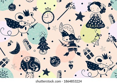 Fairy childish seamless pattern with nutcracker, princess and mouse king. Christmas scandinavian set for kids fabric, wrapping, textile, wallpaper, apparel.