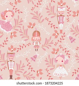 Fairy childish seamless pattern with nutcracker, princess, ballerina and toy soldier. Christmas scandinavian set for kids fabric, wrapping, textile, wallpaper, apparel.