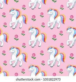 Fairy children seamless pattern with the image of cute unicorns. Colorful vector background in cartoon style.