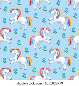 Fairy children seamless pattern with the image of cute unicorns. Colorful vector background in cartoon style.