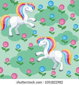 Fairy children seamless pattern with the image of cute unicorns. Colorful vector background in cartoon style.