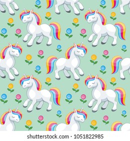 Fairy children seamless pattern with the image of cute unicorns. Colorful vector background in cartoon style.