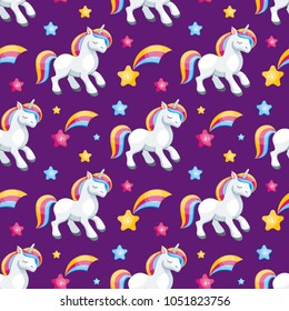 Fairy children seamless pattern with the image of cute unicorns. Colorful vector background in cartoon style.