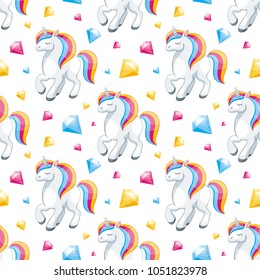 Fairy children seamless pattern with the image of cute unicorns. Colorful vector background in cartoon style.