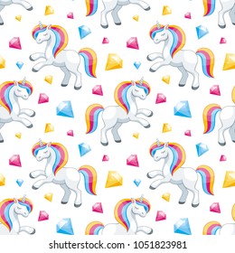 Fairy children seamless pattern with the image of cute unicorns. Colorful vector background in cartoon style.