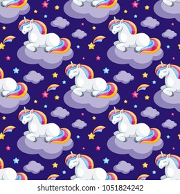 Fairy children seamless pattern with the image of cute unicorns. Colorful vector background in cartoon style.