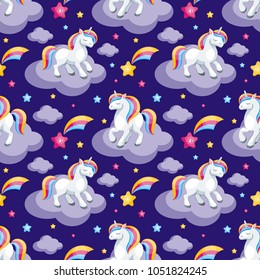 Fairy children seamless pattern with the image of cute unicorns. Colorful vector background in cartoon style.