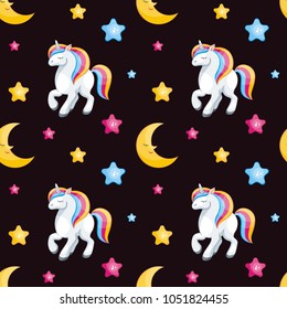 Fairy children seamless pattern with the image of cute unicorns. Colorful vector background in cartoon style.