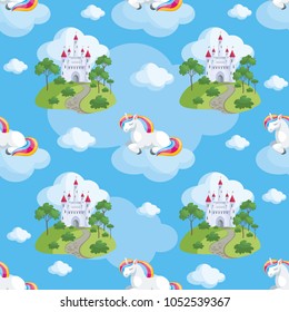 Fairy children seamless pattern with the image of cute unicorns. Colorful vector background in cartoon style.
