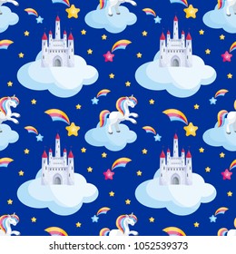 Fairy children seamless pattern with the image of cute unicorns. Colorful vector background in cartoon style.