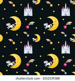 Fairy children seamless pattern with the image of cute unicorns. Colorful vector background in cartoon style.