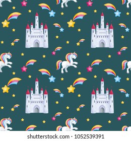 Fairy children seamless pattern with the image of cute unicorns. Colorful vector background in cartoon style.
