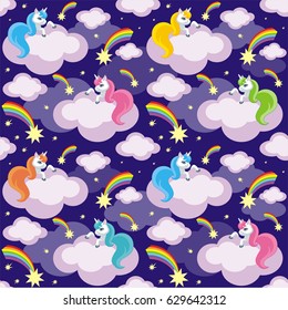 Fairy children seamless pattern with the image of cute unicorns. Colorful vector background