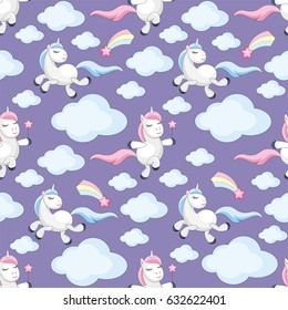 Fairy children seamless pattern with the image of cute unicorns. Colorful vector background