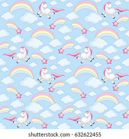 Fairy children seamless pattern with the image of cute unicorns. Colorful vector background