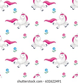 Fairy children seamless pattern with the image of cute unicorns. Colorful vector background