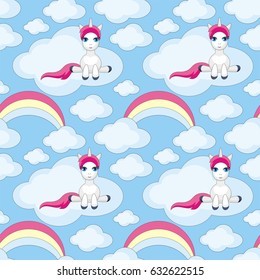 Fairy children seamless pattern with the image of cute unicorns. Colorful vector background